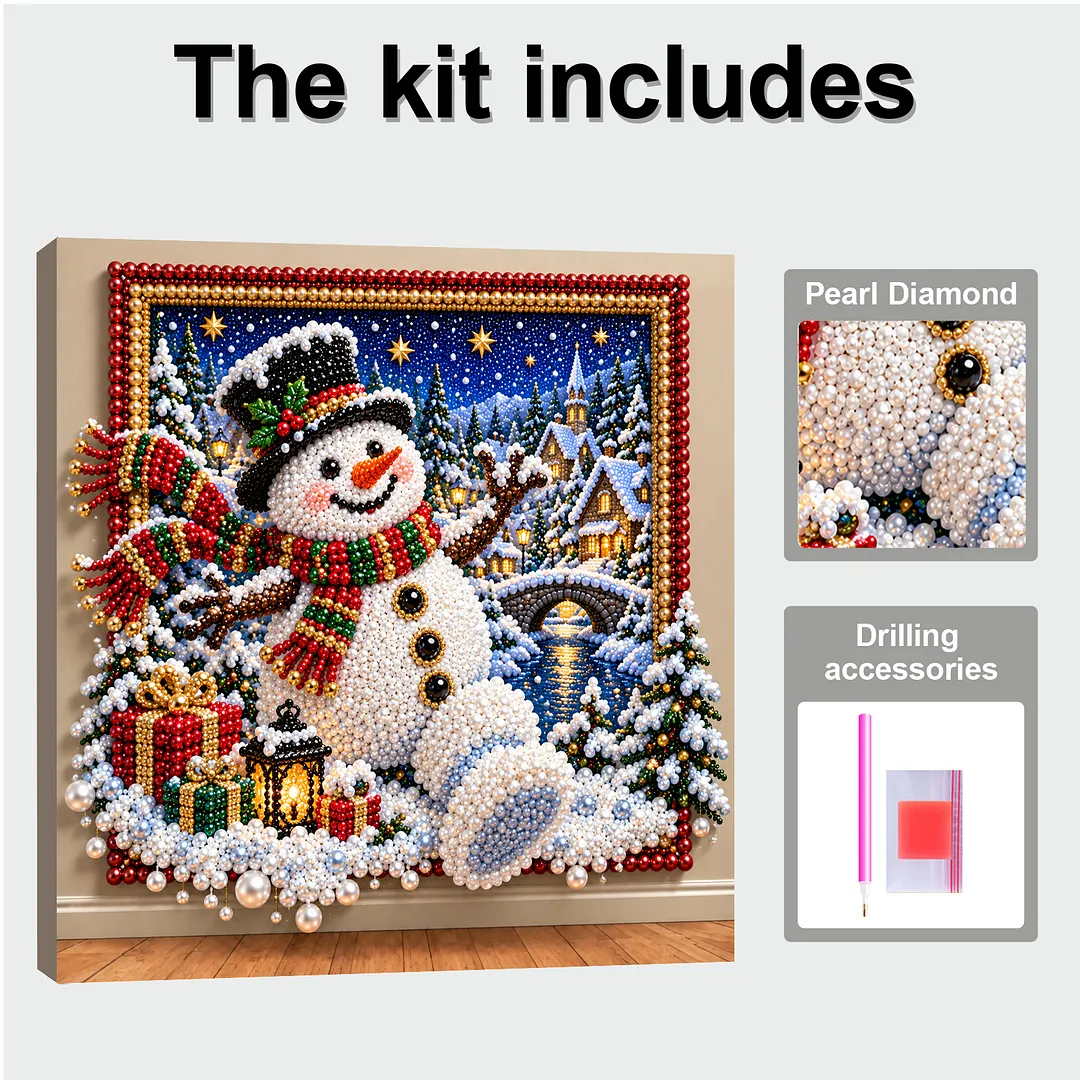 Framed Pearl Painting Kit Snowman Scene for Adults 30x30cm