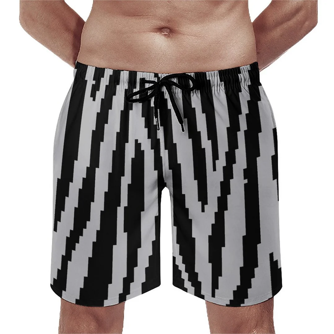 8 Bit Pixel Zebra Print Video Game Monsters Men's Swim Trunks Summer Board Shorts Quick Dry Beach Short with Pockets