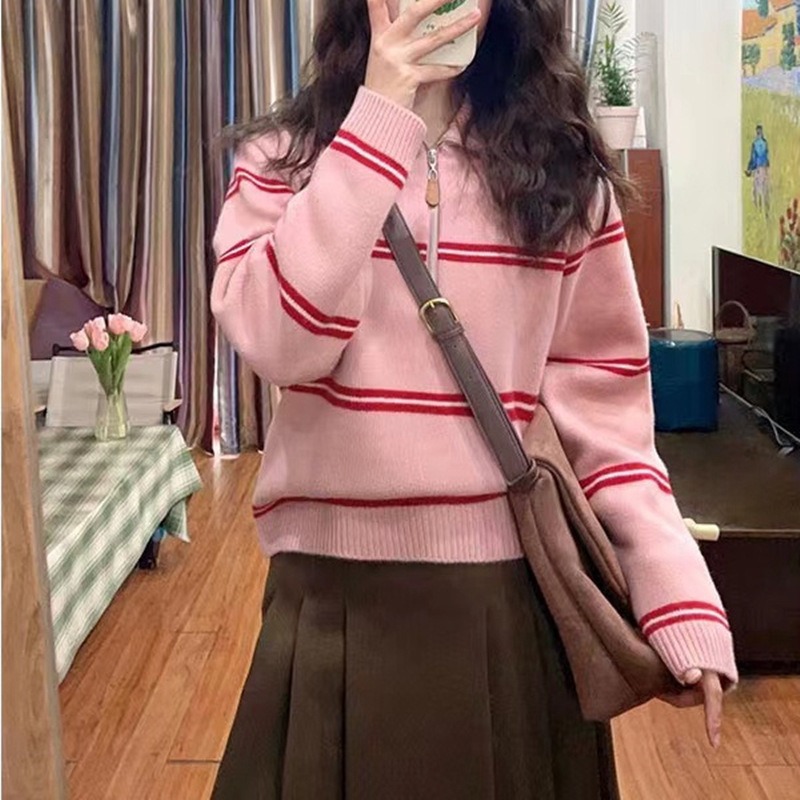 Retro Contrast Color Striped Lapel Pullover Sweater For Women Autumn And Winter Loose Outer Wear Slim Knitted Top