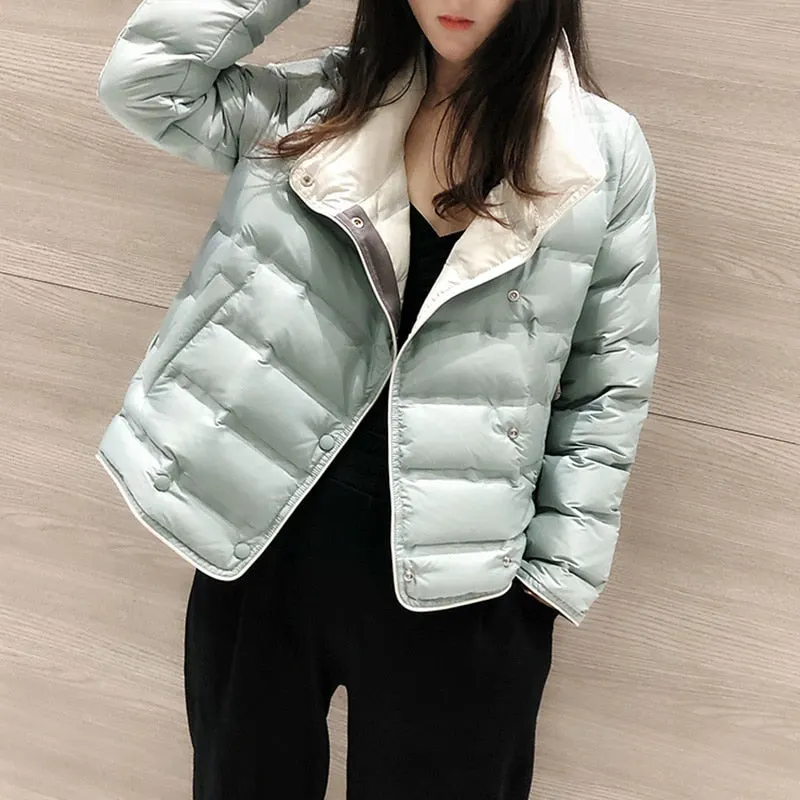 Ailegogo Winter Women Stand Collar Ultra Light Short Down Coat 90% White Duck Down Warm Single Breasted Jacket Lady Snow Outwear