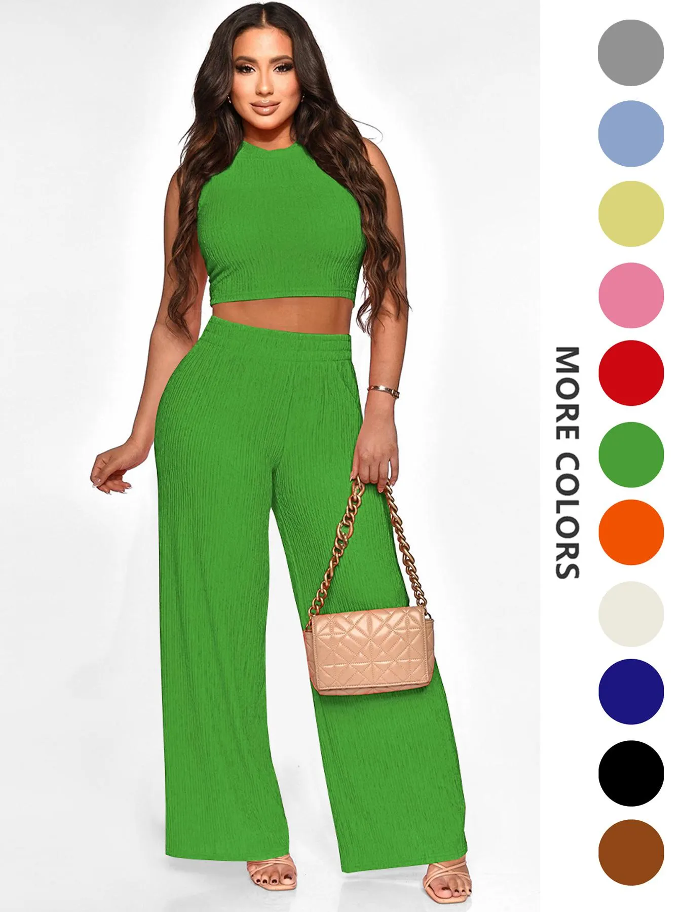 Two-Piece Set Women's Solid Textured Knit Fabric Co-ord Set Suits, Casual Round Neck Crop Tank Top & High Waist Wide Leg Pants Set, Ladies Summer Fit Clothes for Daily Wear, Womenswear Two-Piece Set Women's Solid Textured Knit Fabric Co-ord Set Suits, Casual Round Neck Crop Tank Top & High Waist Wide Leg Pants Set, Ladies Summer Fit Clothes for Daily Wear, Womenswear
