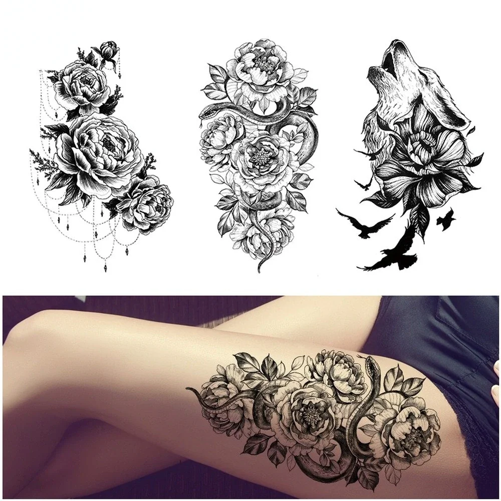 Sdrawing Temporary Tattoo Sticker Dark Snake Tattoos Flower Tatoos Body Art Geisha Water Transfer Clavicle Arm Fake Tatto