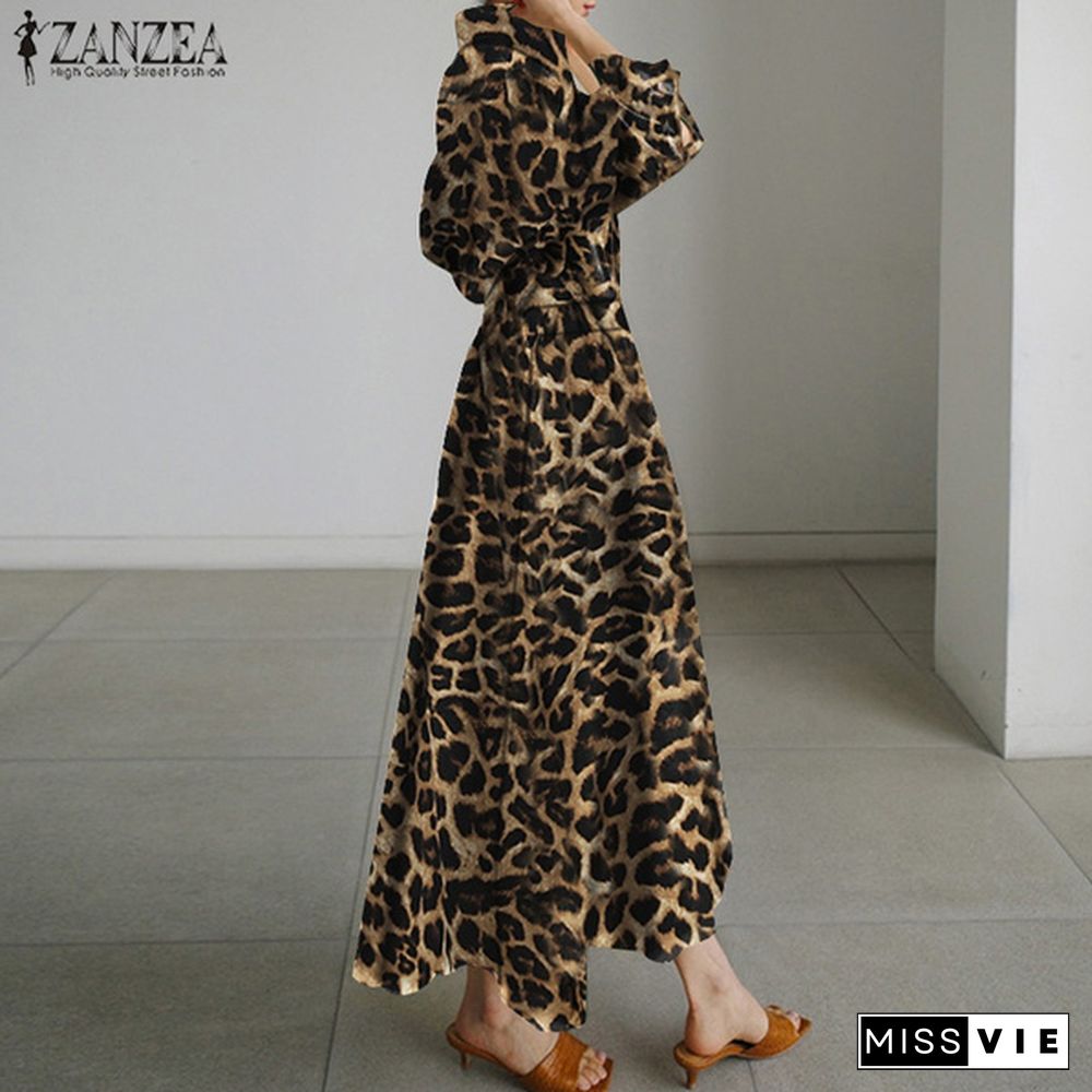 Womens Bohemian Leopard Print Maxi Dress Elegant Full Sleeve Casual Swing Mid-Calf