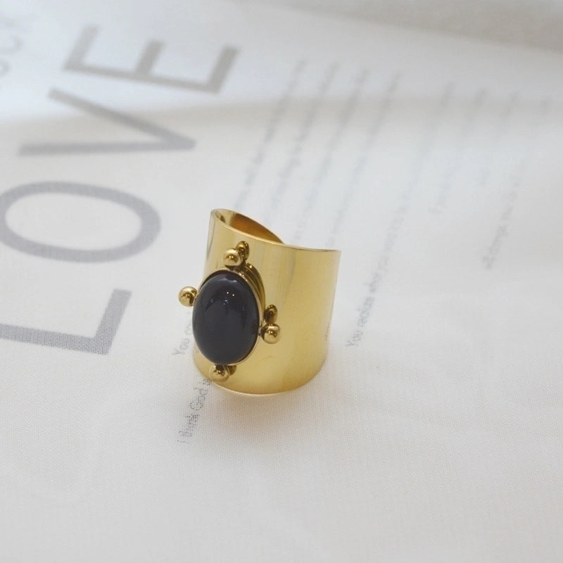 Retro U Shape Stainless Steel Inlay Natural Stone Shell 14k Gold Plated Open Ring