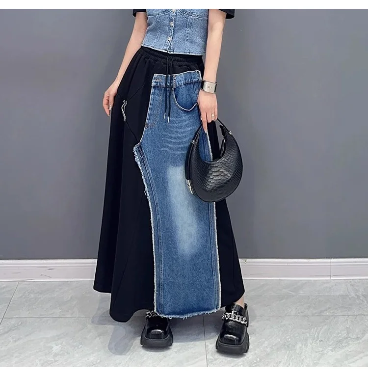 Moongor Street Style Denim Splicing Elastic Waist Skirt