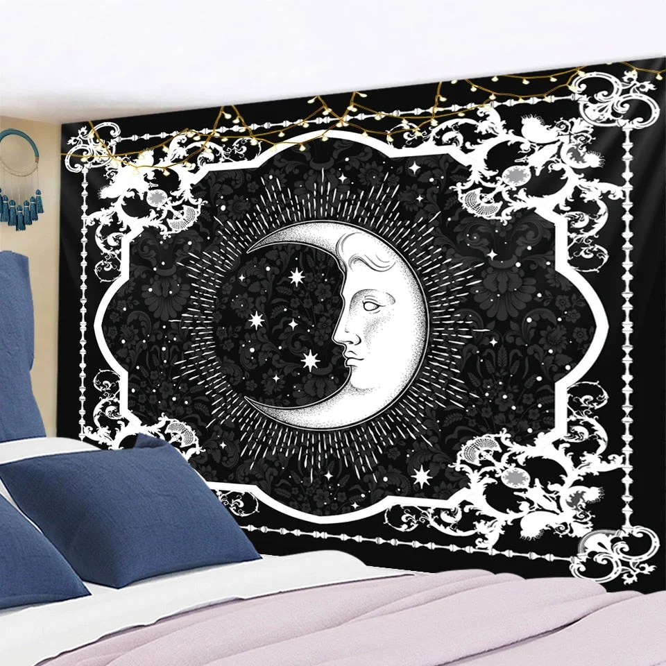Tarot Card Mandala Tapestry White Black Sun And Moon Tapestry Wall Hanging Hippie Wall Rugs Dorm Decor Blanket