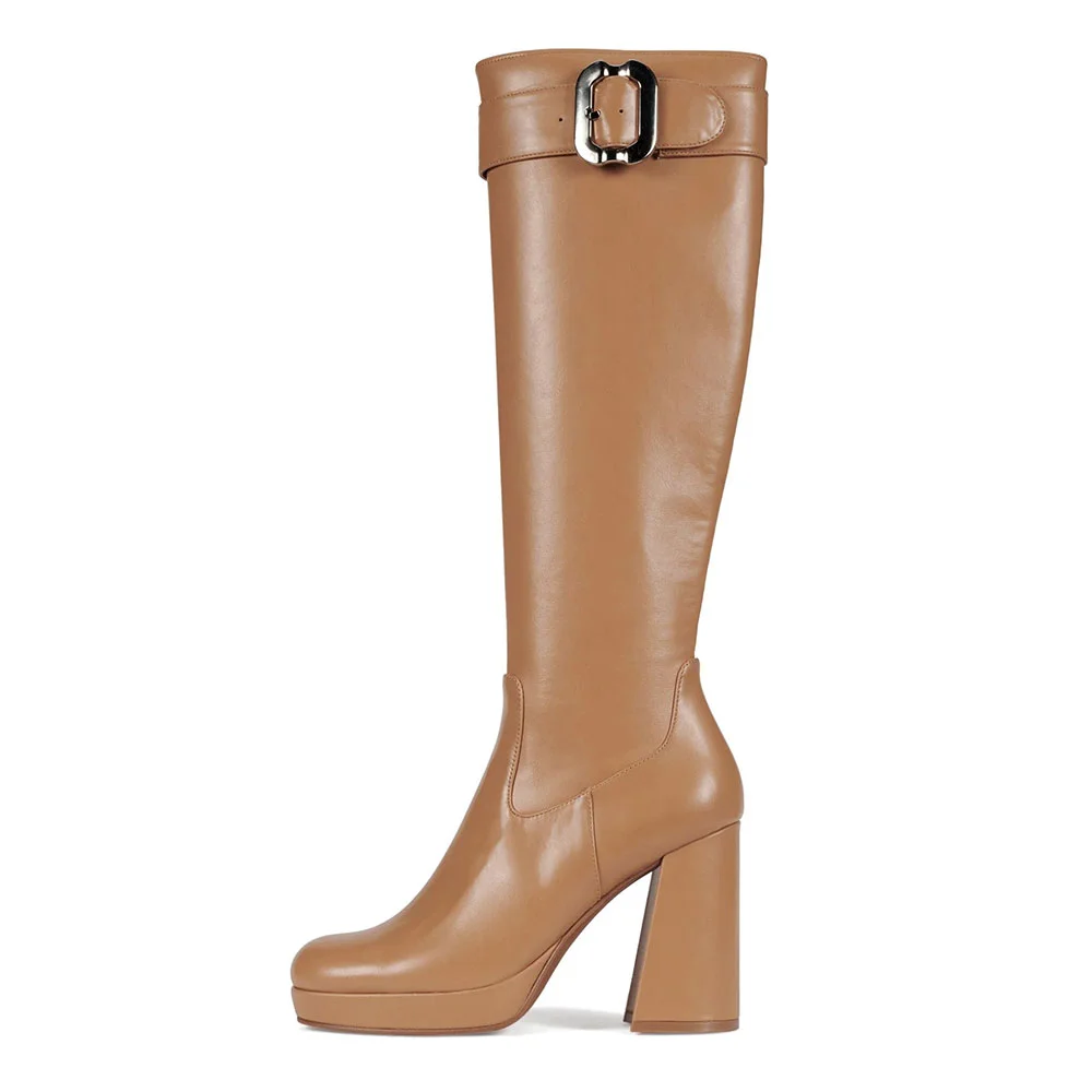 Tan Chunky High Heel Buckle Side Zipper Square Toe Boots with Platform
