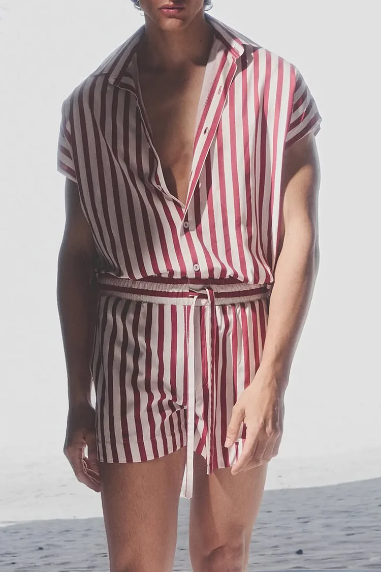 Men's Stripe Button Up Elastic Waist Casual Shirt Romper [Pre-Order]