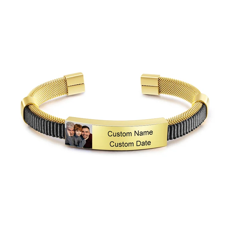 Personalized Photo Bangle Bracelet Engraved Text ID Bar Wristband Bracelet for Men