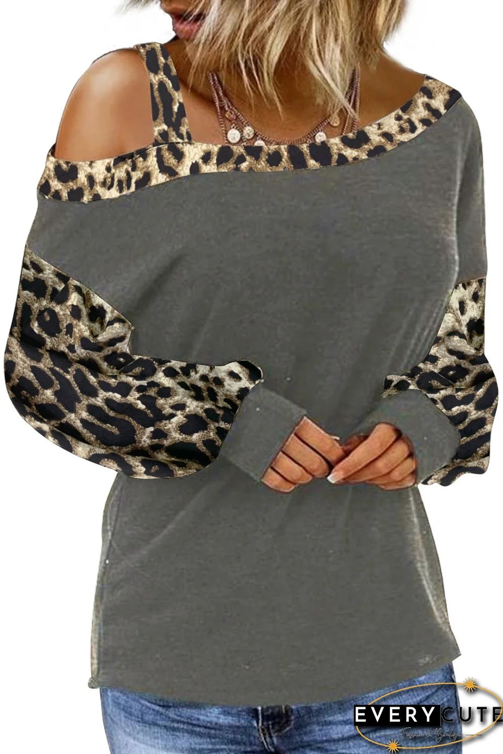 Gray Dew Shoulder Leopard Stitching Long-sleeved Blouse