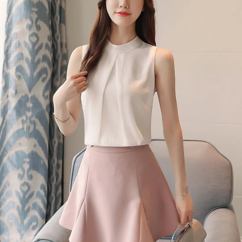 2021 New Elegant Sleeveless Women's Shirts O-Neck Chiffon Blouse Pink Shirts Femininas Womens Clothes Blusas Mujer De Moda 3884