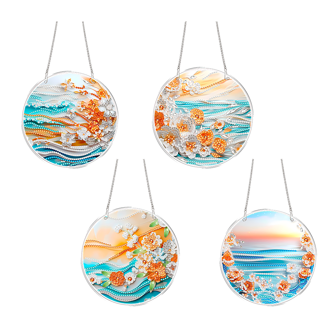 4pcs Beach Flowers DIY 2D Flat Acrylic Diamond Painting Kits Diamond Art Pendant