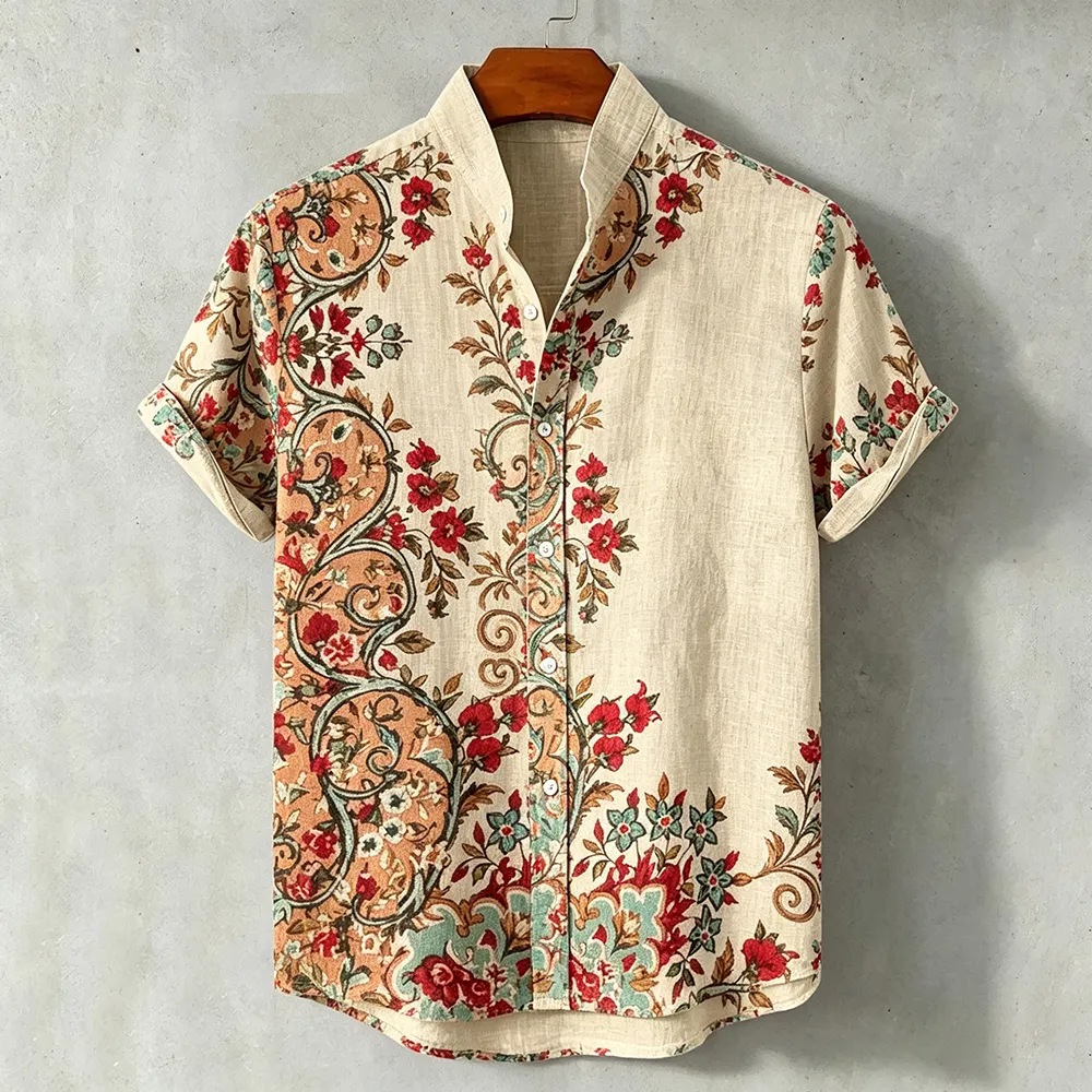 Men's Vintage Ethnic Floral Art Casual Blended Cotton And Linen Short-sleeved Shirt  artssus