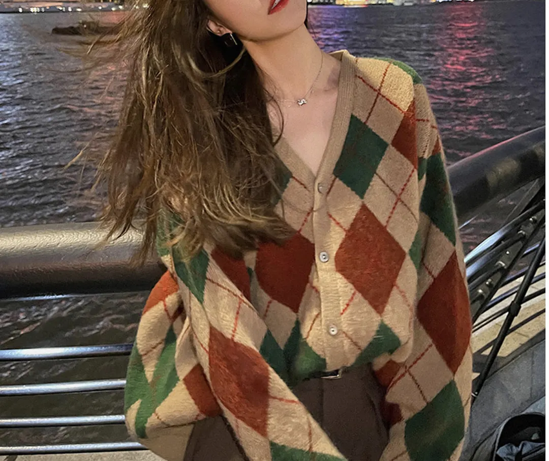Churchf Version Bump Color Diamond Case Knitting Cardigan Female Autumn Winter New Wear Retro Loose V-Neck Sweater Coat Female