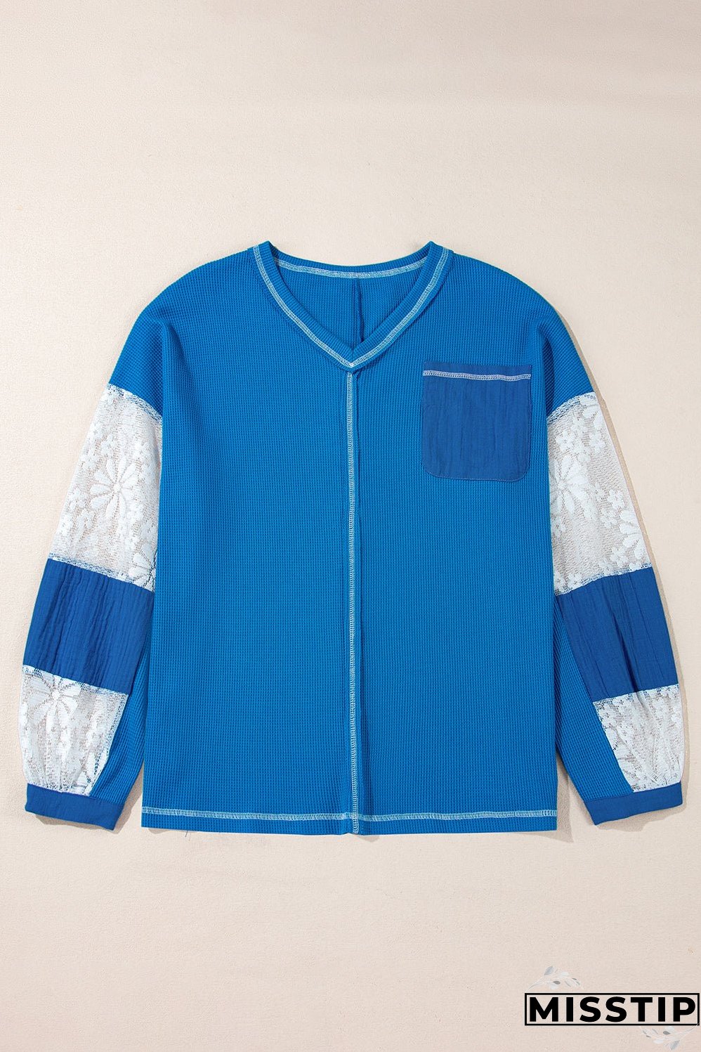 Sky Blue Lace Floral Patchwork Sleeve Stitching V Neck Rib Knit Blouse