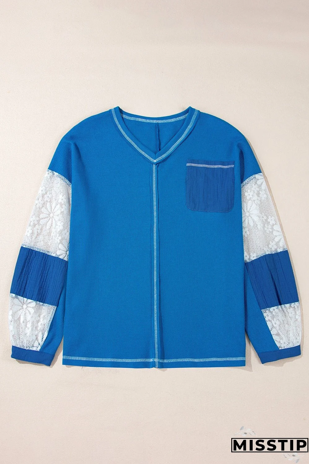 Sky Blue Lace Floral Patchwork Sleeve Stitching V Neck Rib Knit Blouse