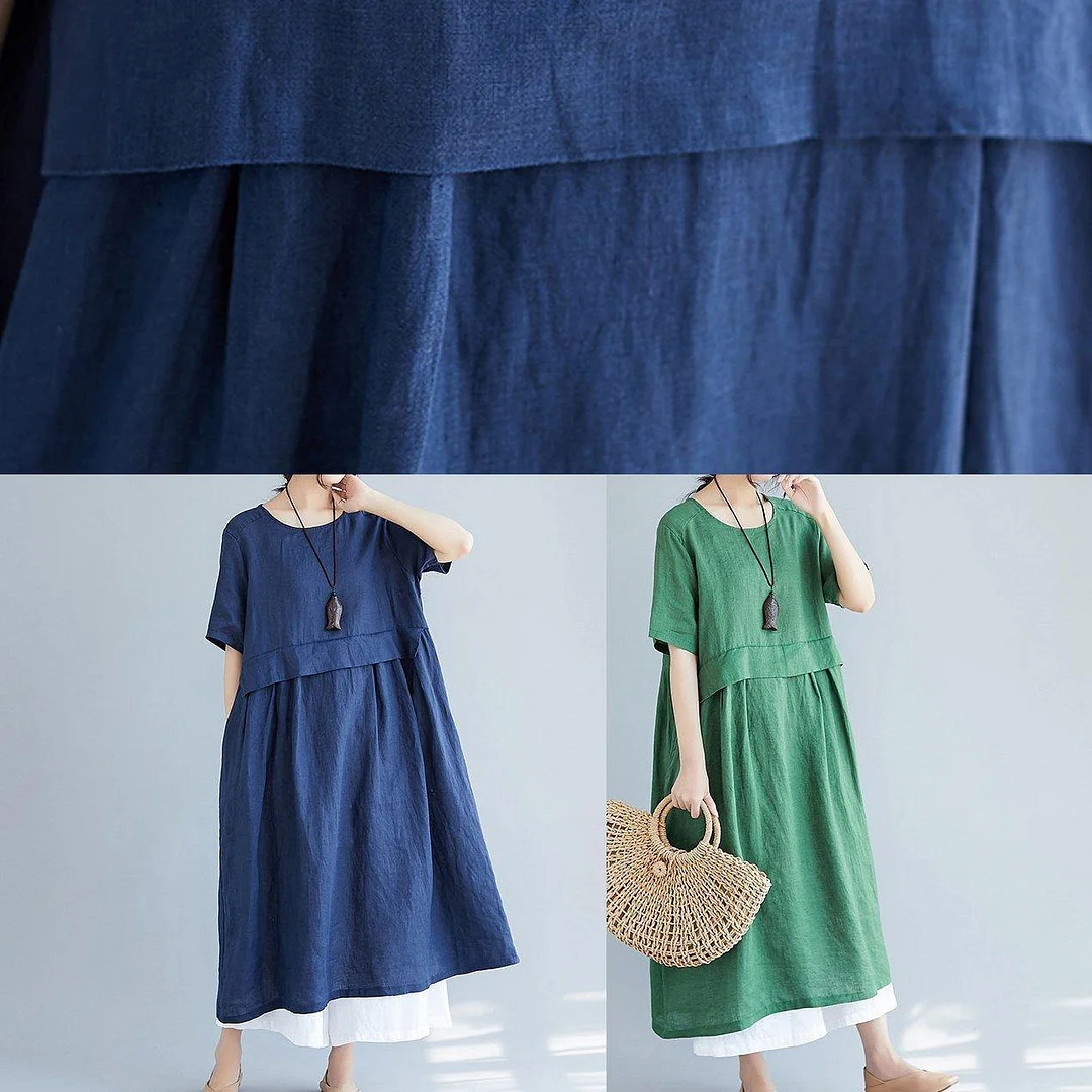 Simple navy cotton quilting dresses o neck pockets loose summer Dress