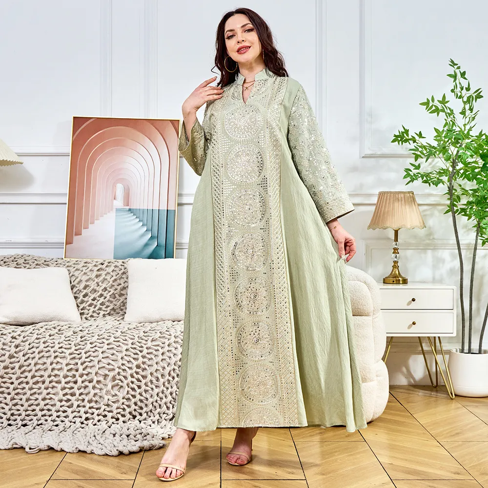 Women Stand Collar Geometric Sequin Embroidered Flare Sleeve Modest Maxi Dress
