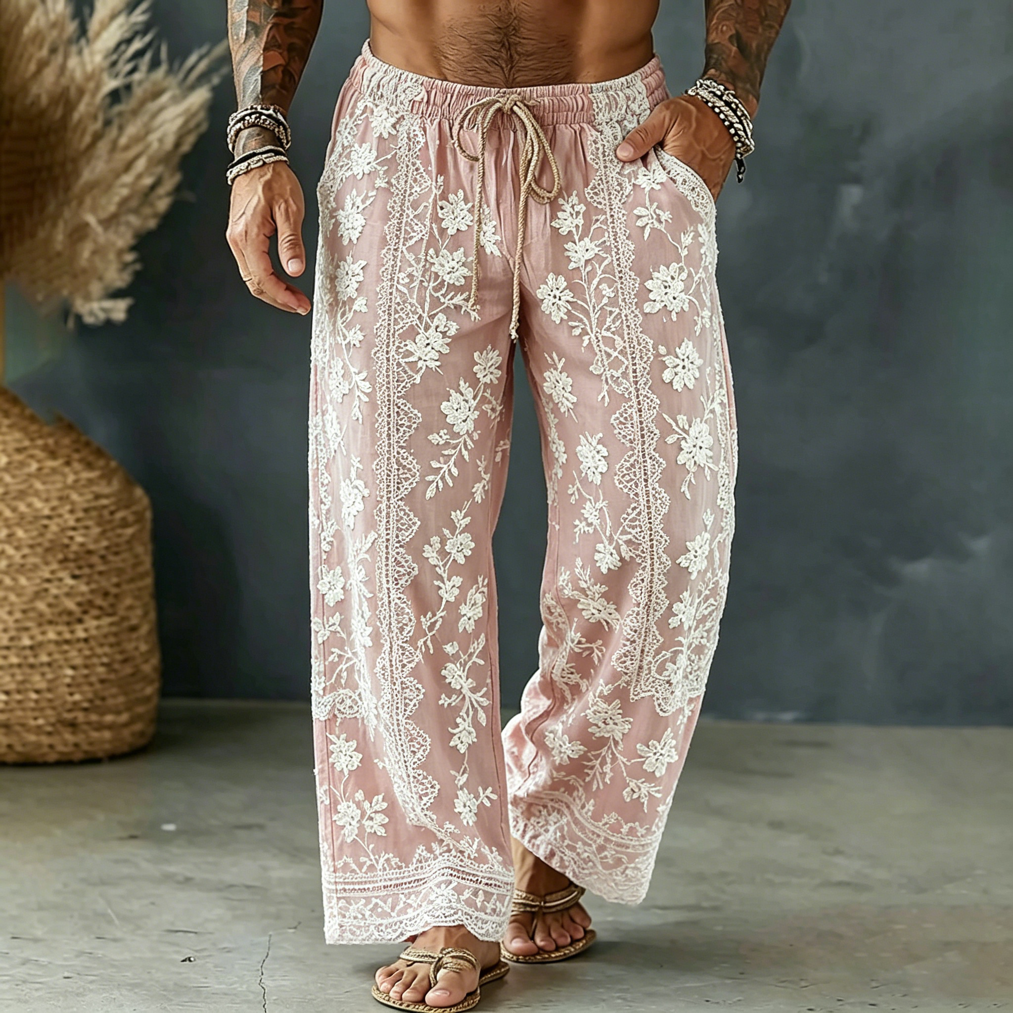 Comstylish Men's Spring Floral Embroidered Art Print Flowy Linen Blend Casual Pants