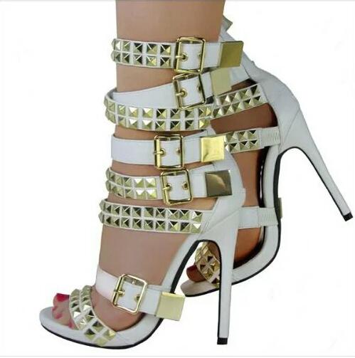 VCSHOES Rivets Straps Open Toe Ankle Wraps Stiletto High Heel Sandals