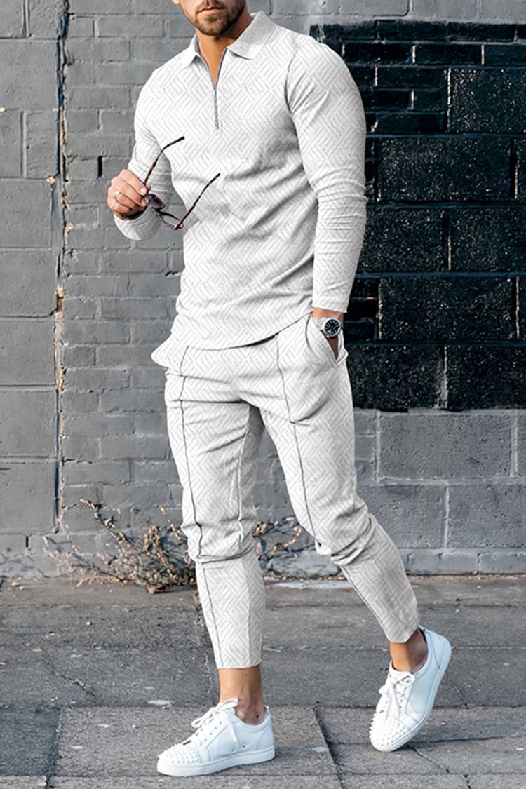 Tiboyz Stylish White Texture Polo Shirt And Pants Two Piece Set