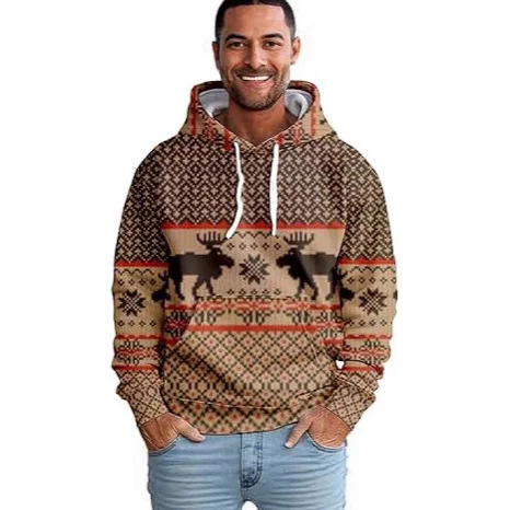 Men's Casual Sports Christmas Reindeer Series 3D Digital Printed Hooded Pullover