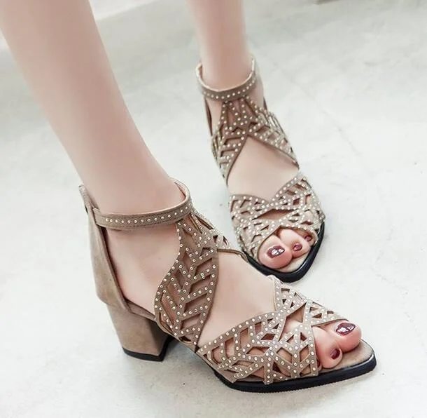 Women Leather Fish Mouth Open Toe Sandals Hollow Square Heel Shoes