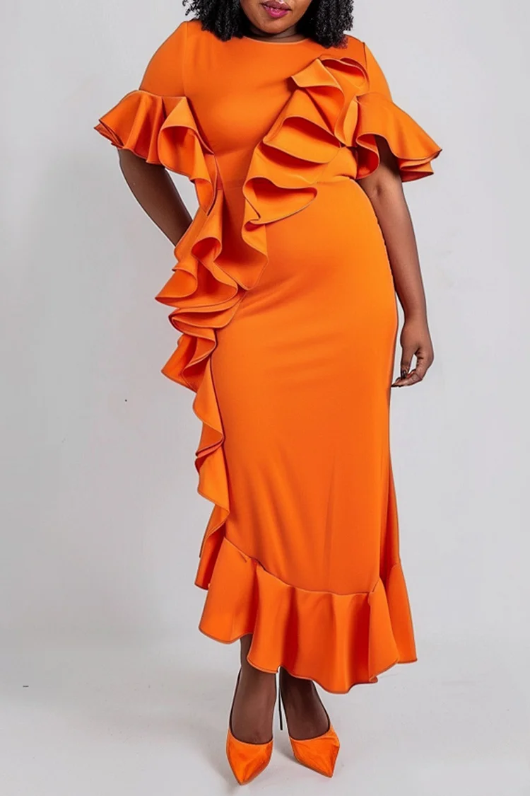 Xpluswear Design Plus Size Semi Formal Orange Round Neck Flare Short Sleeve Ruffle Knitted Maxi Dresses [Pre-Order]