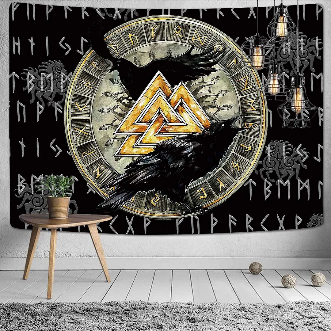 Viking Raven Tapestry Mysterious Viking Meditation Psychedelic Runes Art Wall Hanging Tapestries for Living Room Decor Yoga Mat