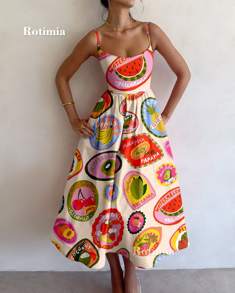 Fruit graffiti print suspender dress