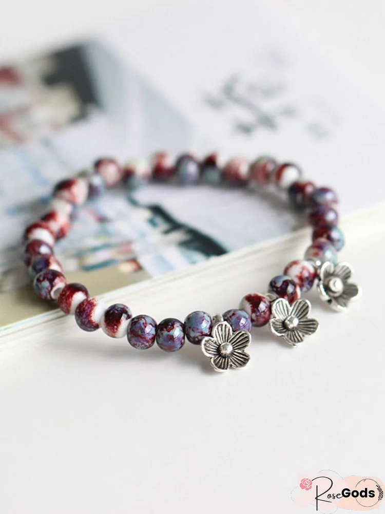 Vintage Ceramic Beaded Alloy Flower Bracelet