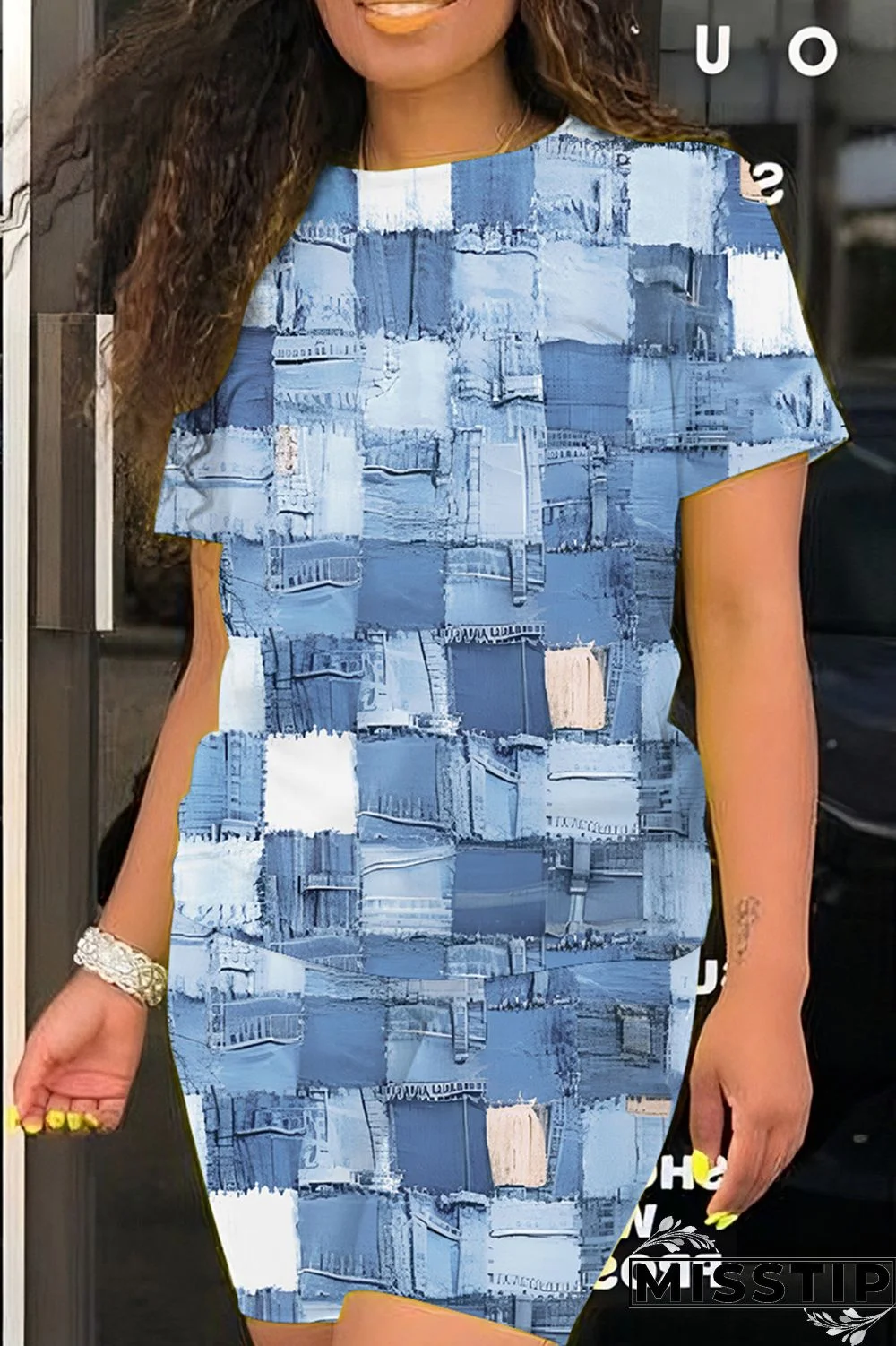 Multicolor Casual Print Basic O Neck Short Sleeve Two Pieces