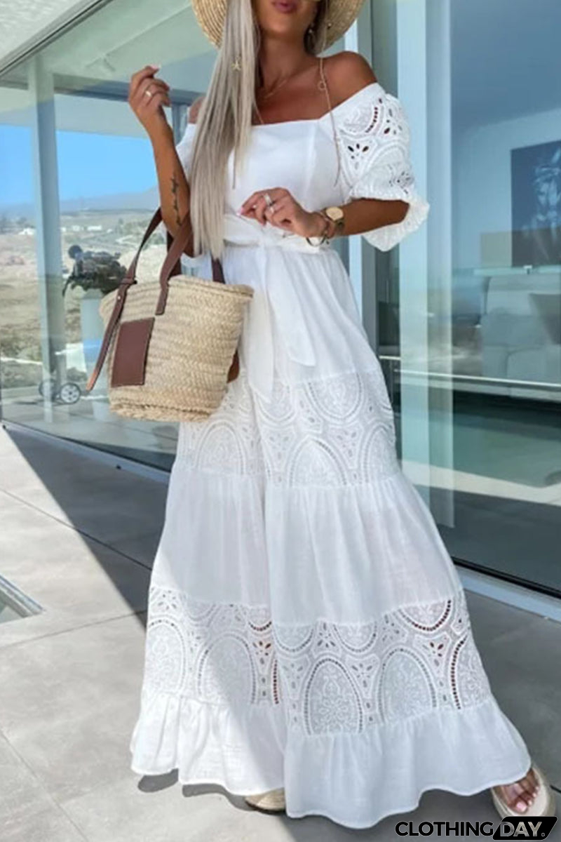 Elegant Solid Hollowed Out Frenulum Square Collar A Line Dresses