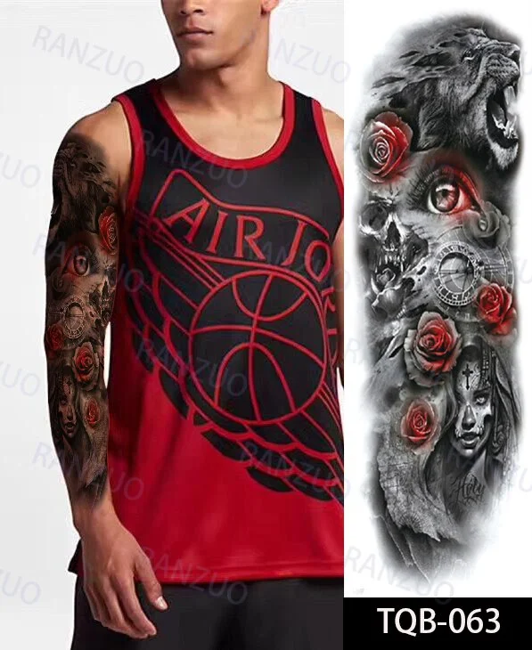 Men And Women Lion Tiger Skull Eagle Totem Geometric Big Arm Sleeve Temporary Waterproof Tattoo Sticker