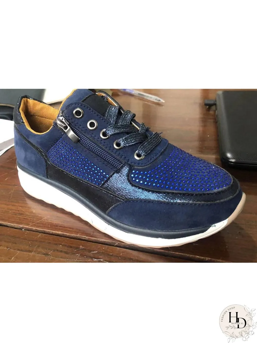 Diamond Panel Zip Lace-Up Casual Shock Absorbing Sneakers