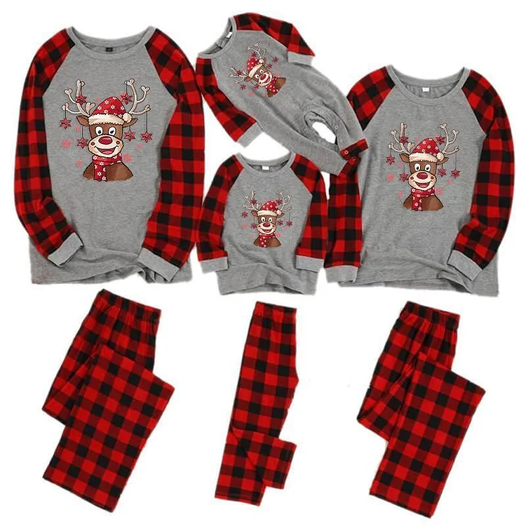 Cartoon Deer Contrast top and Plaid Pants Family Matching Pajamas Set