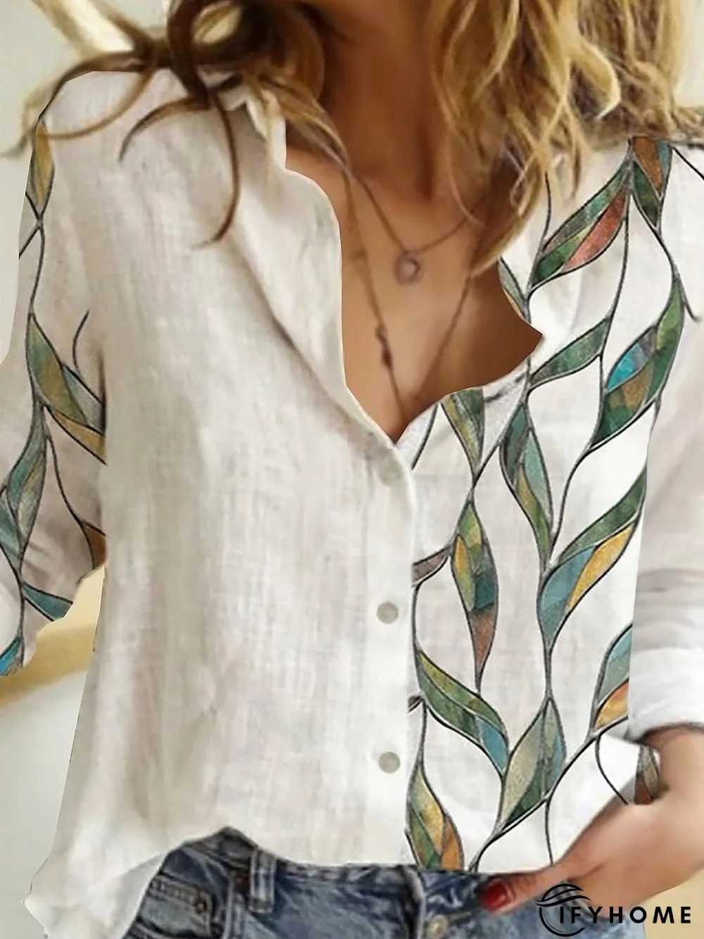 Leaves Printed Casual Loosen Buttoned Shirt Collar Blouse | IFYHOME