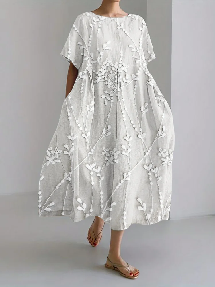Classy Floral Lace Embroidered Linen Blend Maxi Dress