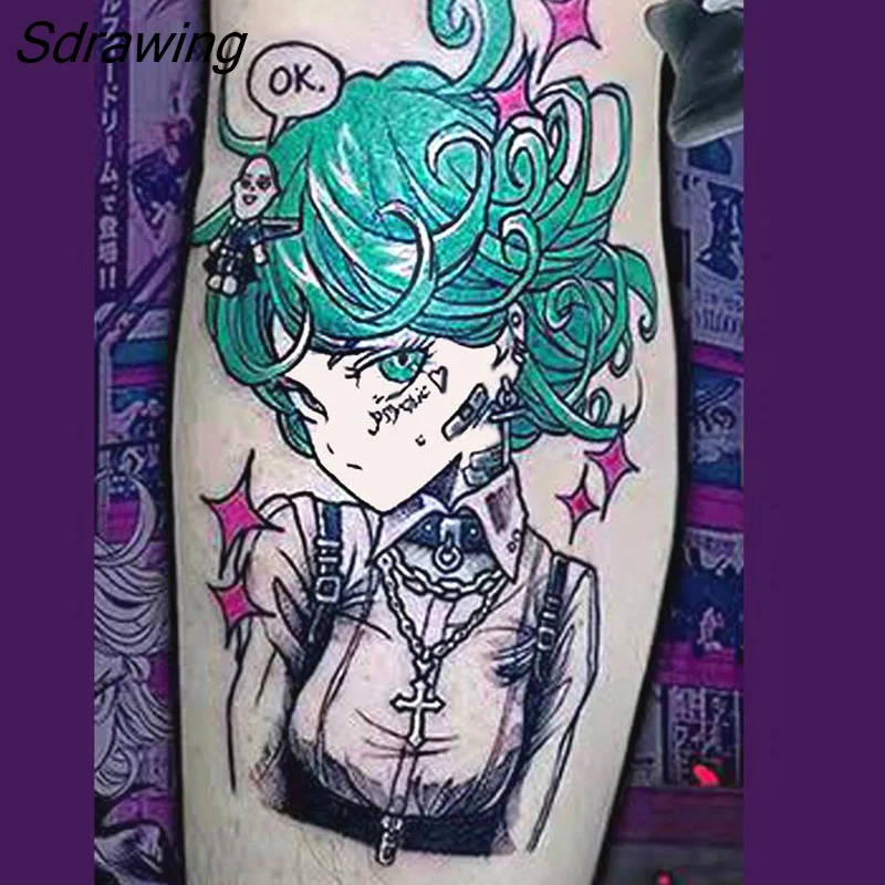 Sdrawing Temporary Tattoo Sticker Anime Cartoon Cute Pink Hair Girl Flower Necklace Fake Tatto Flash Tatoo Art for Women Men