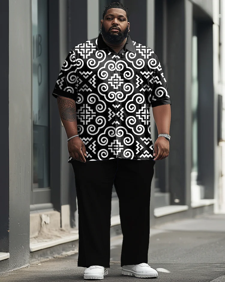 Men's Plus Size Business Casual Retro Pattern Printed Short Sleeve Shirt Trousers Suit