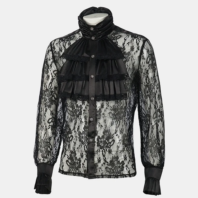 Vintage Lace See-Through Ruffle Button High Neck Blouse
