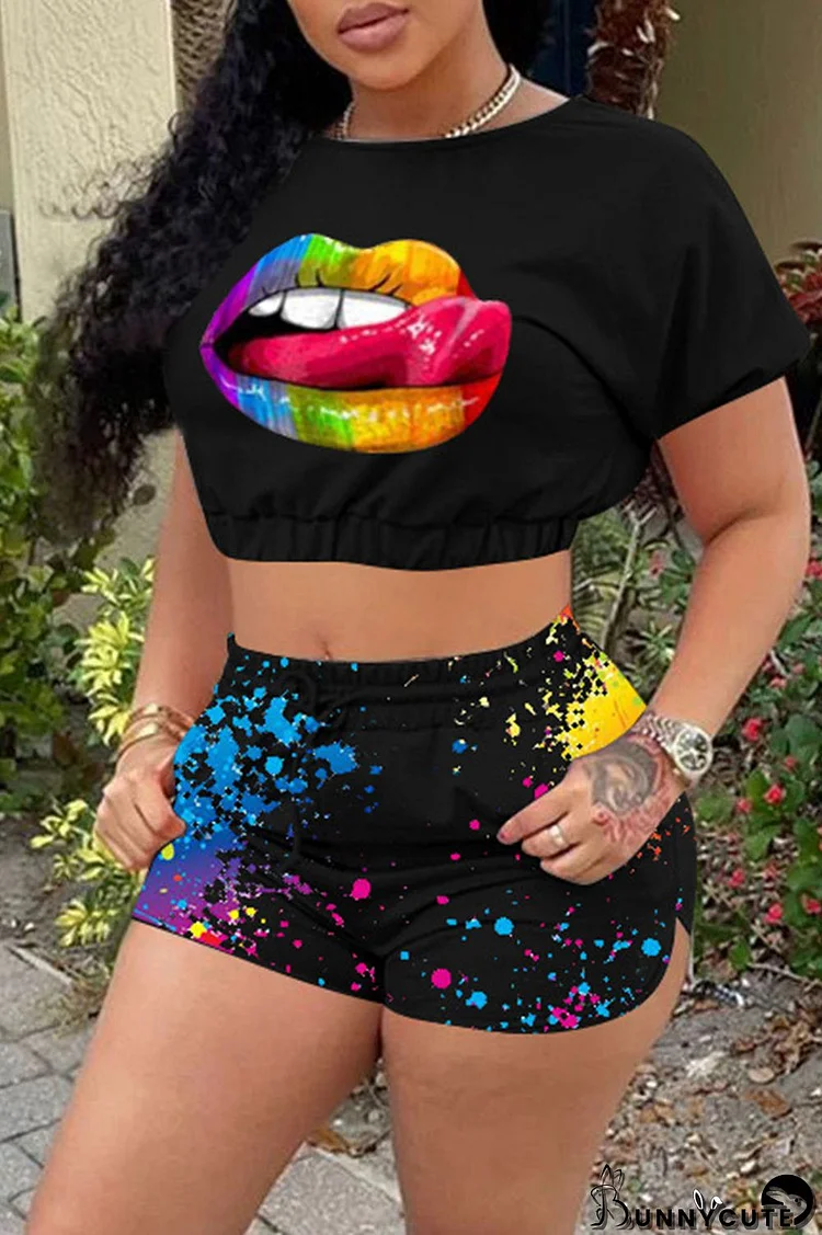 Black Fashion Casual Lips Printed Basic O Neck Short Sleeve Two Pieces