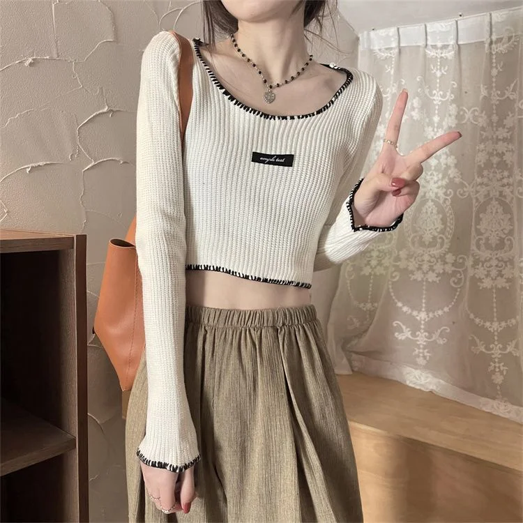 Uveng Uveng Back Bottom Top White High-Waisted Short-Sleeved Knitted Shirt Women In Spring And Autumn Strapped Ribbons To A Body-Repair Sweater
