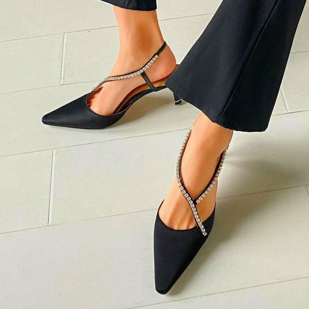 Black Satin Pointed Toe Kitten Heel Rhinestone Strappy Slingbacks Nicepairs