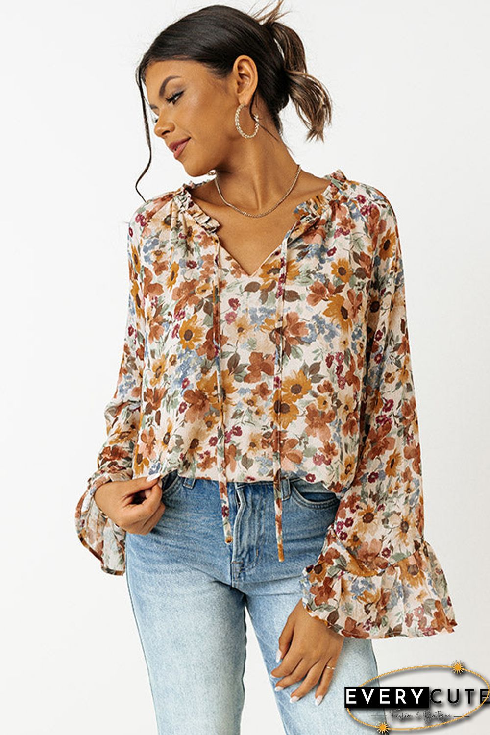 Orange Floral Print Flare Cuff Long Sleeve Blouse