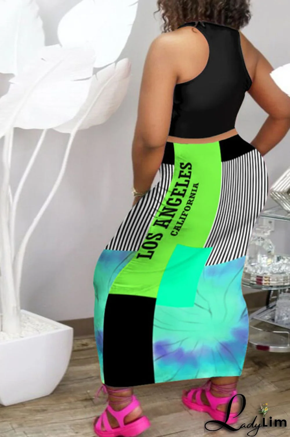 Black Orange Fashion Sexy Print Basic U Neck Plus Size Two Pieces