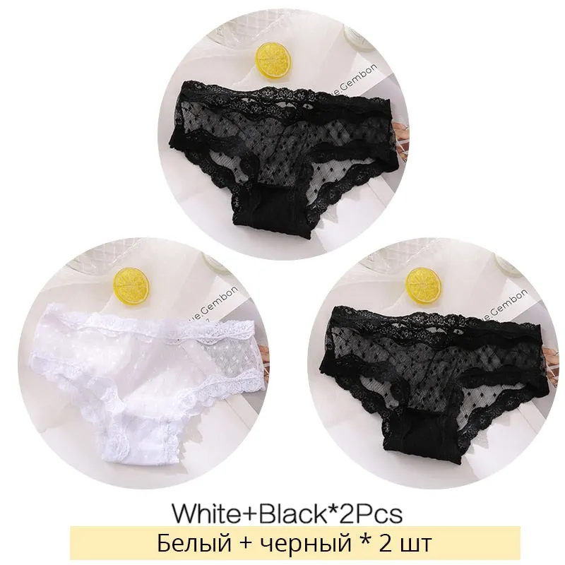 FINETOO Sexy Lace Thongs Women 3Pcs/set Transparent G-string Panties Dots Lace T-back Underwear Fashion Female Underpants M-XL