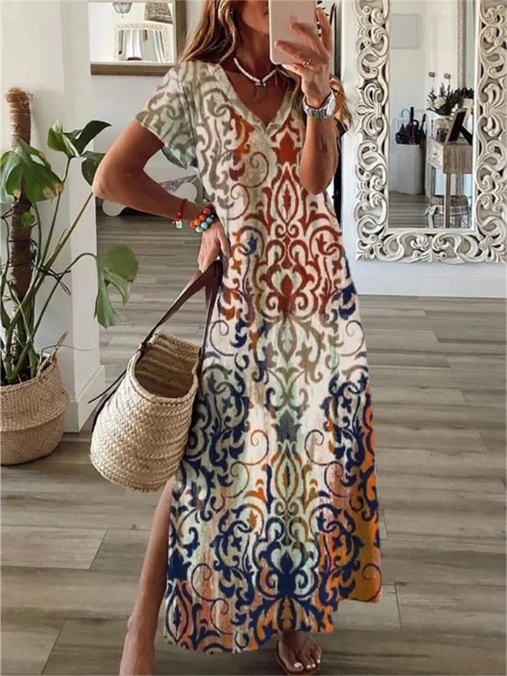 European and American Women's Summer Short-sleeved V-neck Print Irregular Slit Long Dress S-5XL