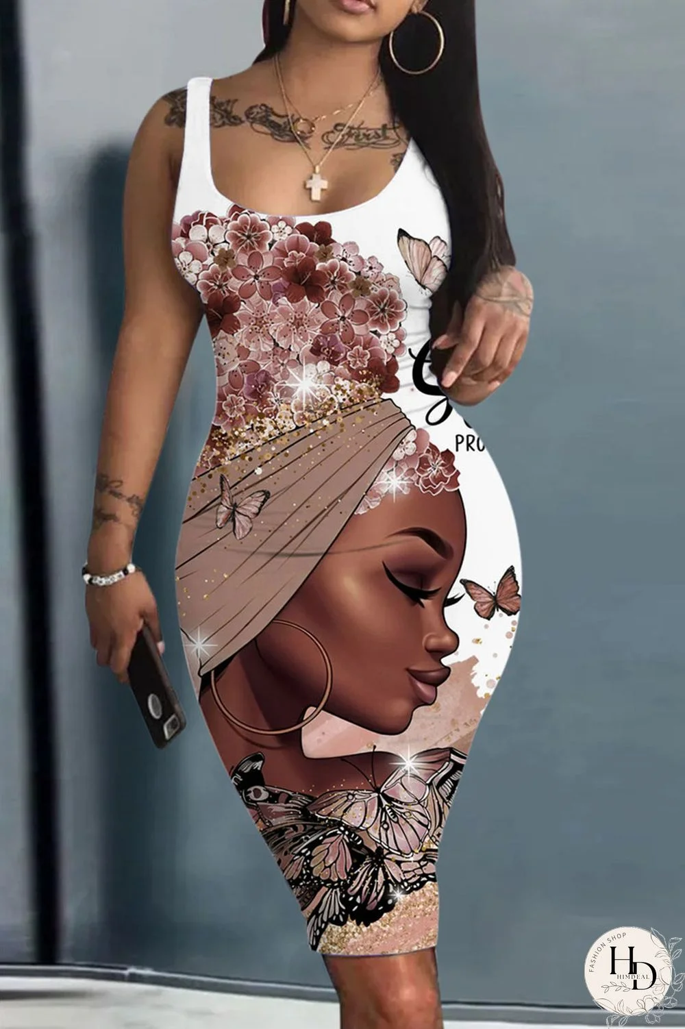 White Black Casual Print Patchwork U Neck One Step Skirt Dresses