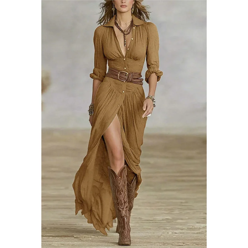 Athvotar Athvotar Women's Spring And Autumn Sexy Solid Color Irregular Folding Waist Collar Dress With Belt